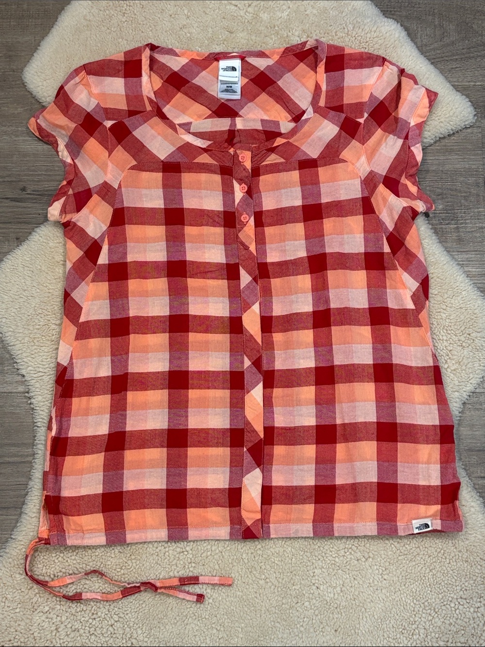 The North Face organic cotton button down shirt, orange and red plaid, medium
